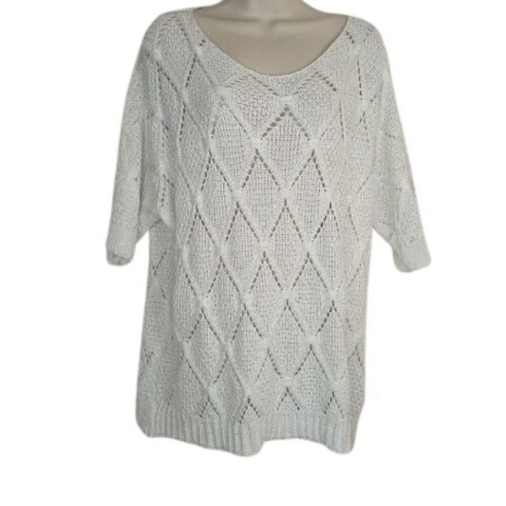 Collezioni Leonardo Italy Womens Sweater White Diamond Pattern Open Knit L New